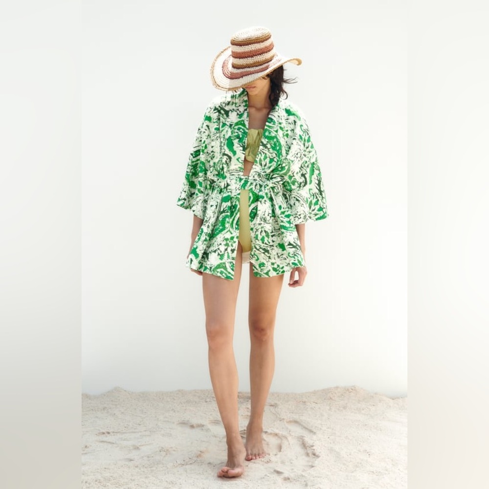 Zara Size M-L Green and White Paisley Printed Linen-Blend Lined Kimono with Belt - Picture 2 of 10